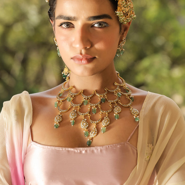 MDN189- White and Mint Colour Gold Plated Jadau Kundan Temple Necklace Set