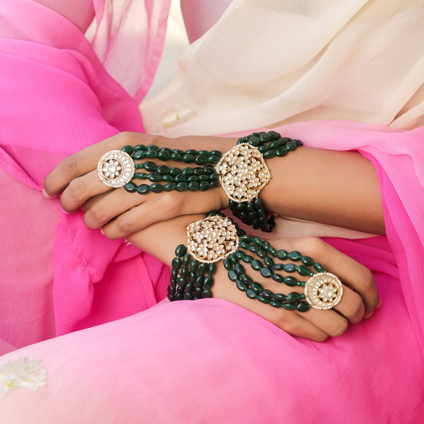 MDHP398- Green and White Colour Gold Plated Jadau Kundan Hathphool