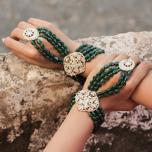 MDHP398- Green and White Colour Gold Plated Jadau Kundan Hathphool