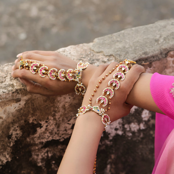 MDHP399- Multi Colour Gold Plated Jadau Kundan Hathphool