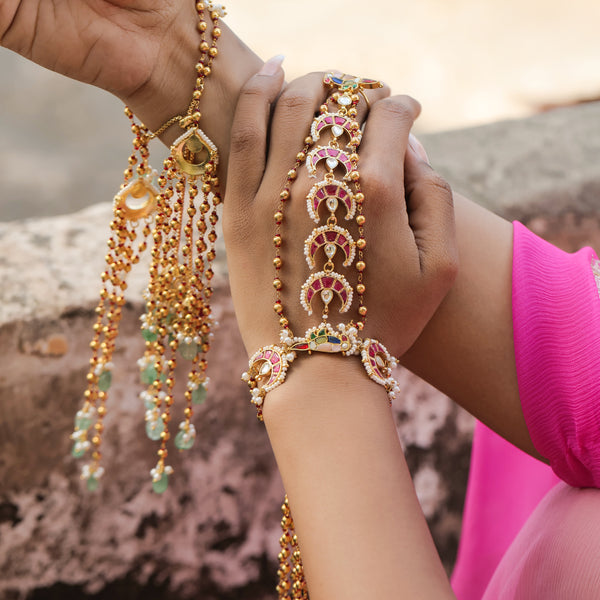 MDHP399- Multi Colour Gold Plated Jadau Kundan Hathphool