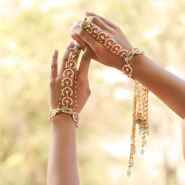 MDHP399- Multi Colour Gold Plated Jadau Kundan Hathphool