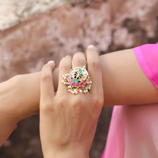 MDR378- Multi Colour Gold Plated Jadau Kundan Ring