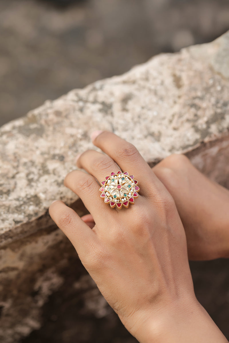 Multi Colour Gold Plated Jadau Kundan Ring