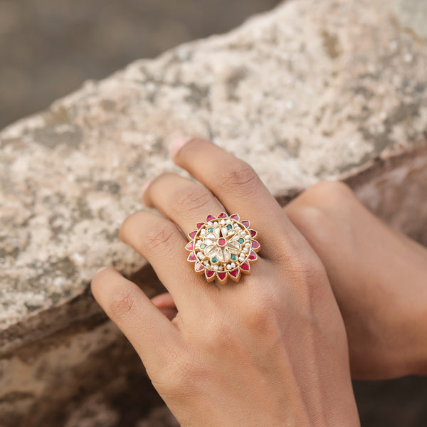 MDR377- Multi Colour Gold Plated Jadau Kundan Ring