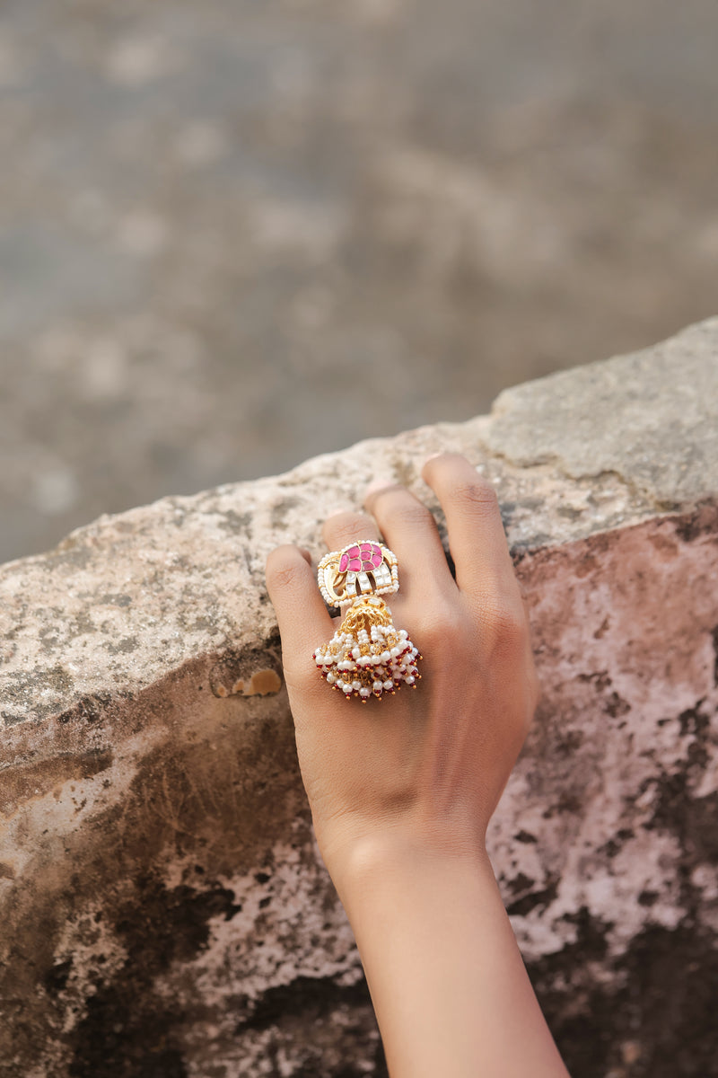 Pink and White Colour Gold Plated Jadau Kundan Ring