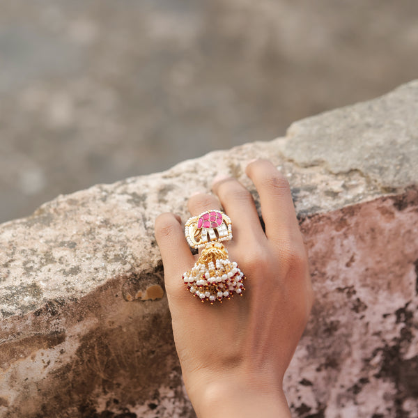 MDR227- Pink and White Colour Gold Plated Jadau Kundan Ring