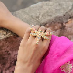 MDR376- Multi Colour Gold Plated Jadau Kundan Dragonfly Motif Ring