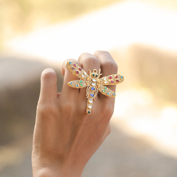 MDR376- Multi Colour Gold Plated Jadau Kundan Dragonfly Motif Ring