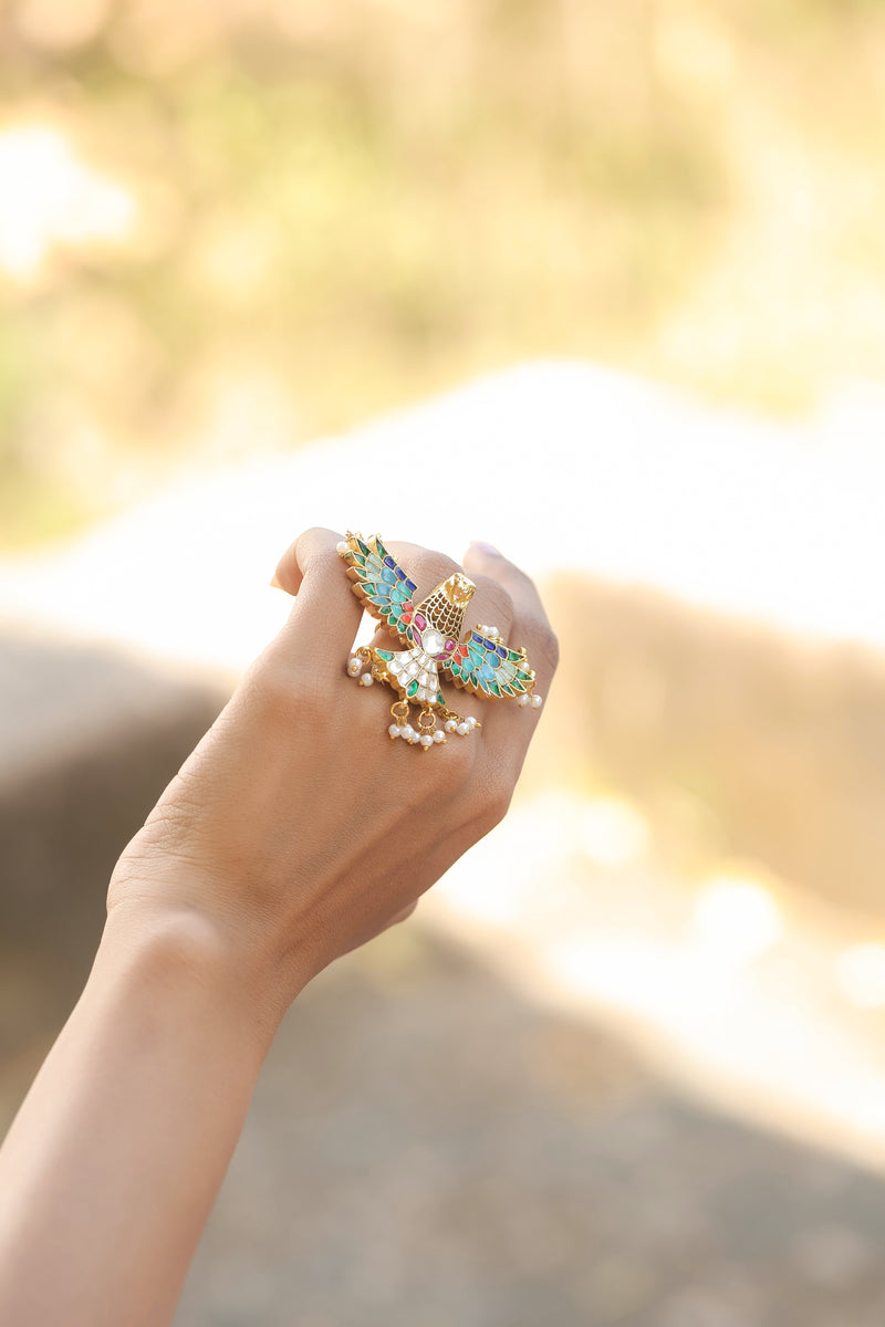 Multi Colour Gold Plated Jadau Kundan Eagle Motif Ring