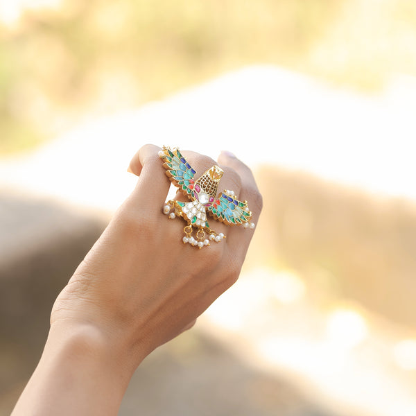 MDR225- Multi Colour Gold Plated Jadau Kundan Eagle Motif Ring