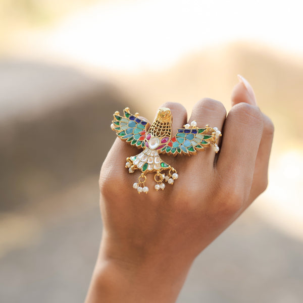 MDR225- Multi Colour Gold Plated Jadau Kundan Eagle Motif Ring