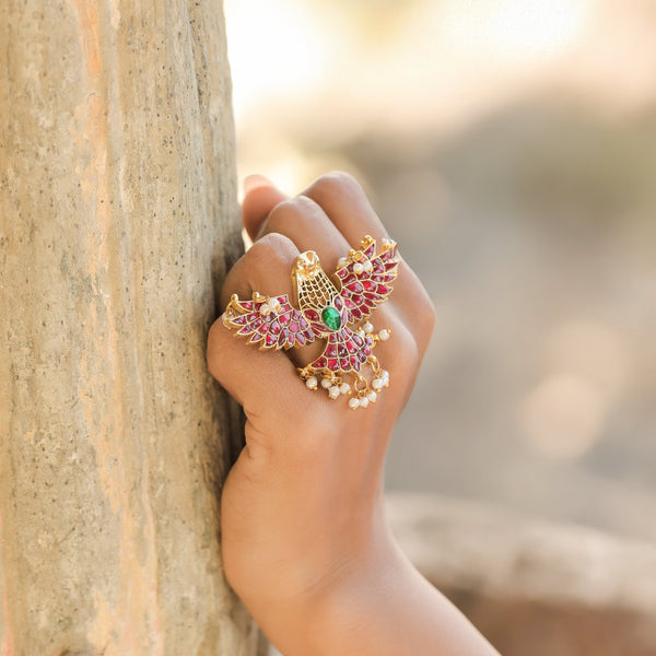 MDR225- Pink Colour Gold Plated Jadau Kundan Eagle Motif Ring