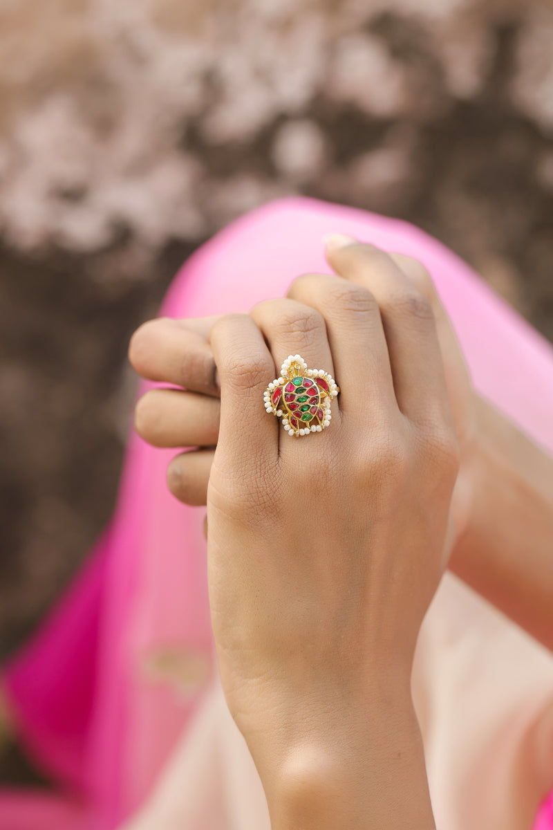 Multi Colour Gold Plated Jadau Kundan Turtle Motif Ring