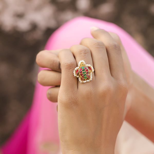 MDR133- Multi Colour Gold Plated Jadau Kundan Turtle Motif Ring