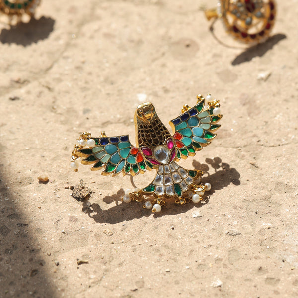 MDR225- Multi Colour Gold Plated Jadau Kundan Eagle Motif Ring