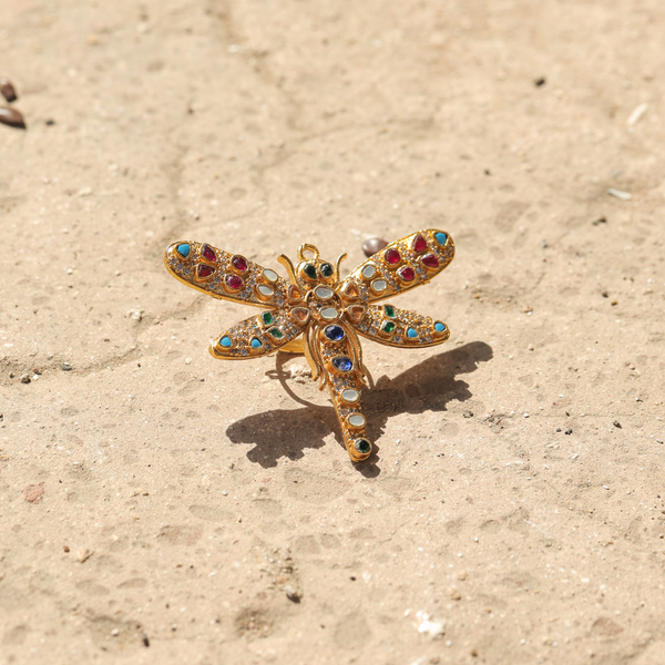 MDR376- Multi Colour Gold Plated Jadau Kundan Dragonfly Motif Ring