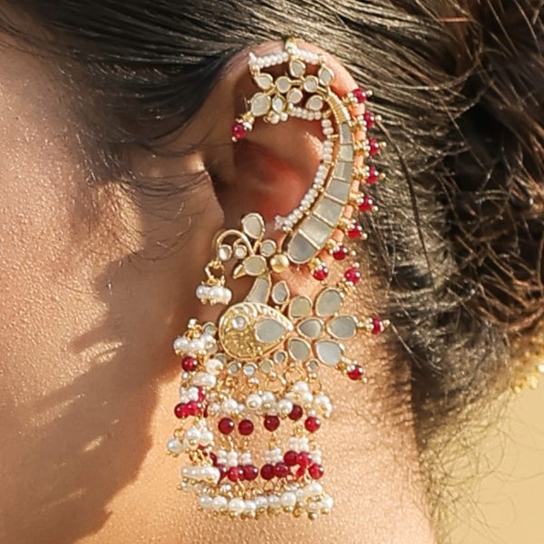 MDE332- White and Green Colour Gold Plated Mother of Pearl Earcuffs
