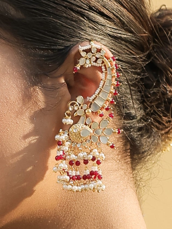 MDE332- White and Green Colour Gold Plated Mother of Pearl Earcuffs