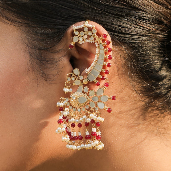 MDE332- White and Green Colour Gold Plated Mother of Pearl Earcuffs