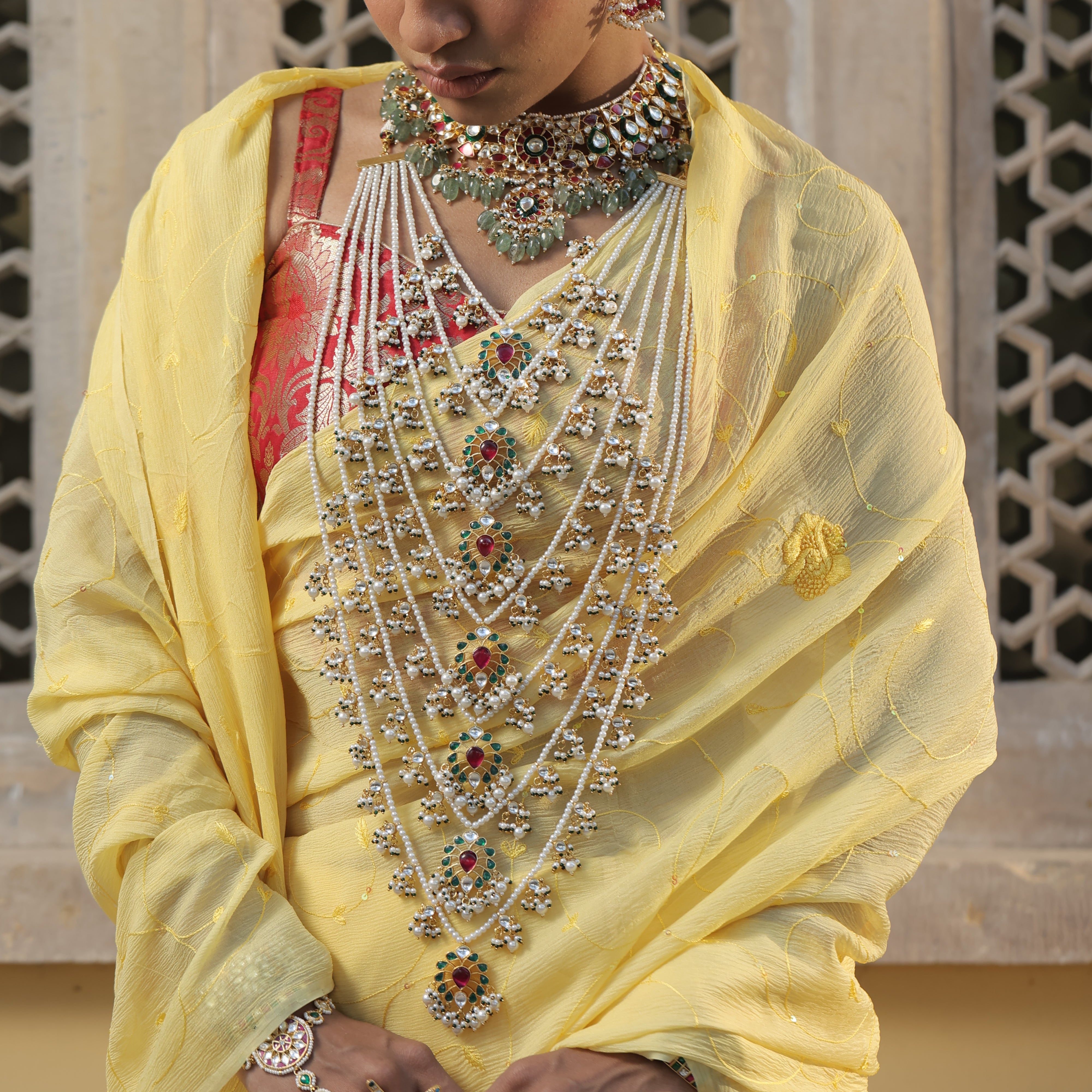 MDN417- Multi Colour Gold Plated Jadau Kundan Raani Haar- Satlada