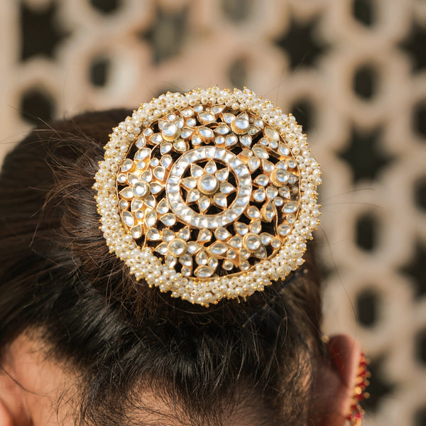 MDBR354- White Colour Gold Plated Jadau Kundan Juda Pin