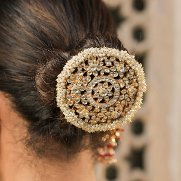 MDBR354- White Colour Gold Plated Jadau Kundan Juda Pin