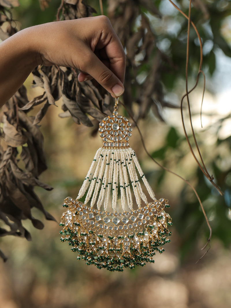 White and Green Colour Gold Plated Jadau Kundan Passa