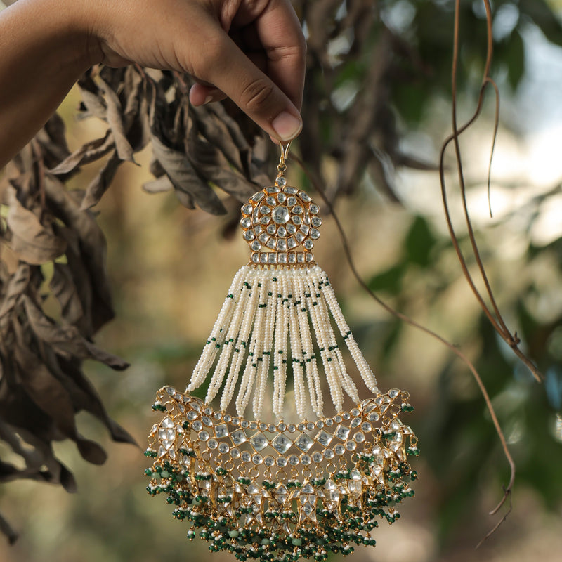 MDH344- White and Green Colour Gold Plated Jadau Kundan Passa