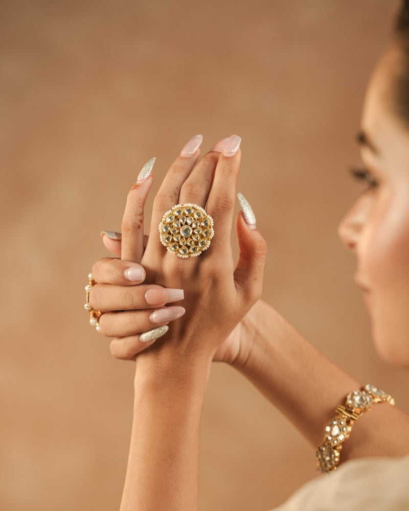 White Colour Gold Plated Jadau Kundan Ring