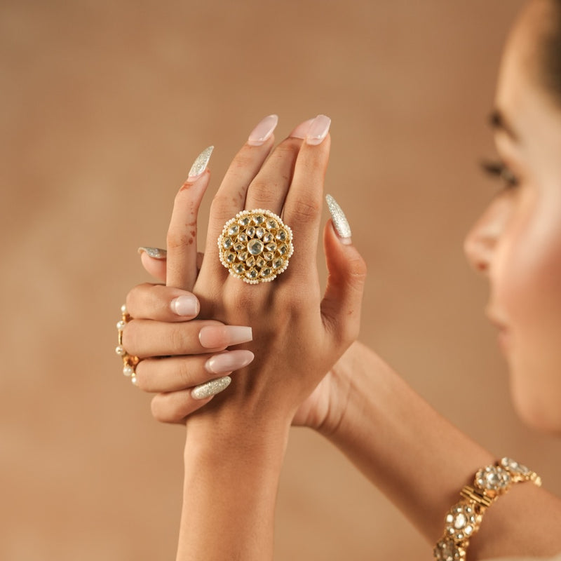 White Colour Gold Plated Jadau Kundan Ring
