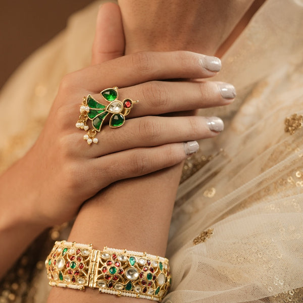 Multi Colour Gold Plated Jadau Kundan Eagle Motif Ring