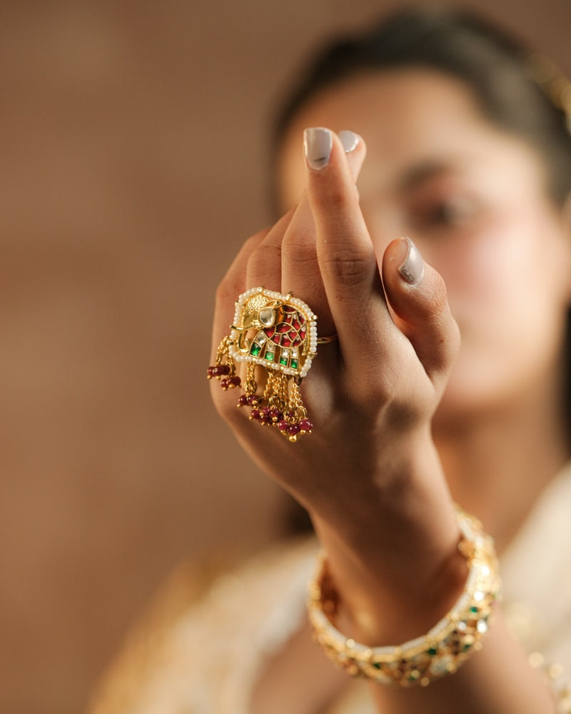 Multi Colour Gold Plated Jadau Kundan Elephant Motif Ring