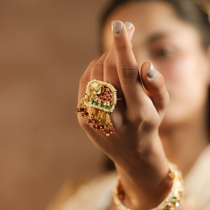 Multi Colour Gold Plated Jadau Kundan Elephant Motif Ring