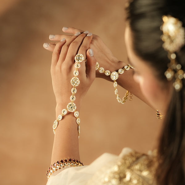 White Colour Gold Plated Jadau Kundan Hathphool