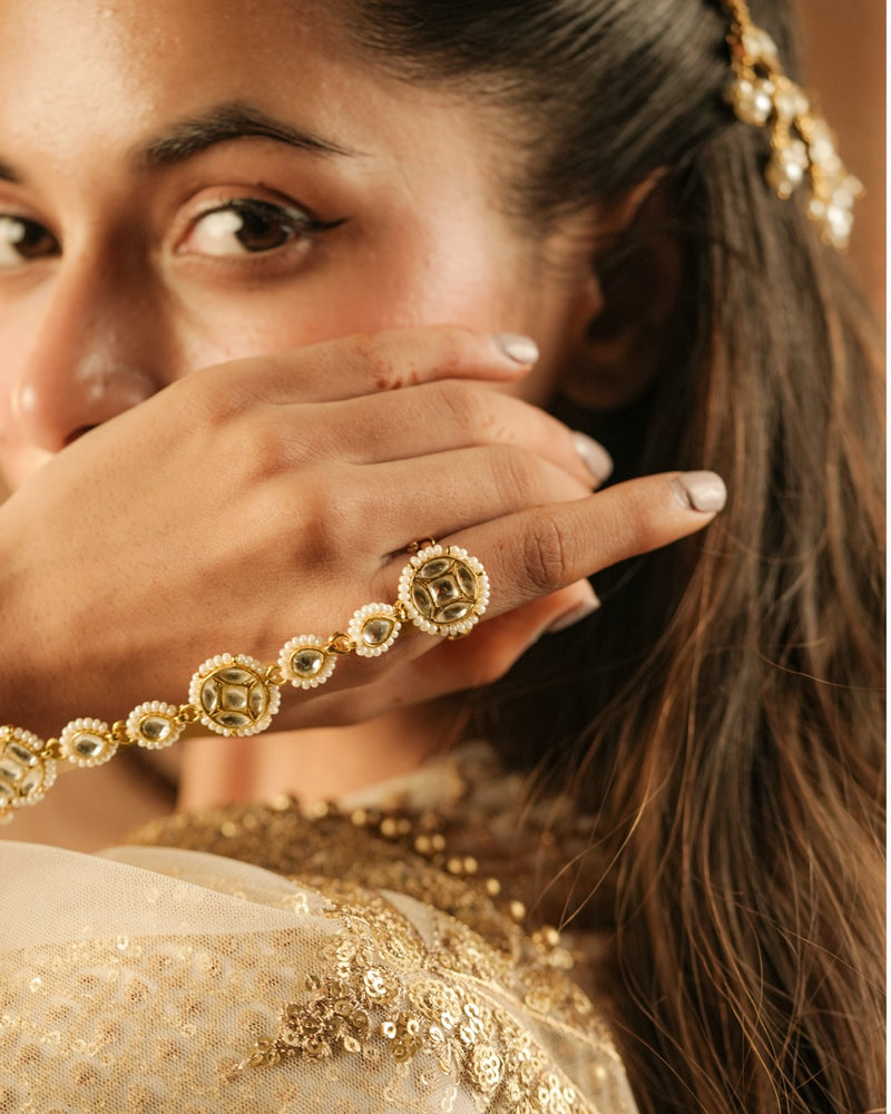 White Colour Gold Plated Jadau Kundan Hathphool