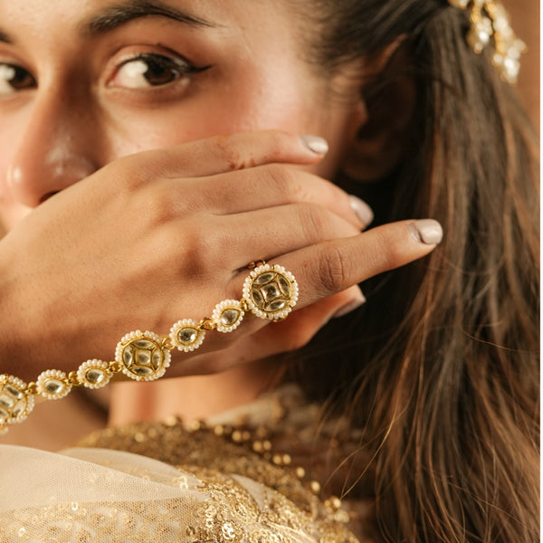 White Colour Gold Plated Jadau Kundan Hathphool