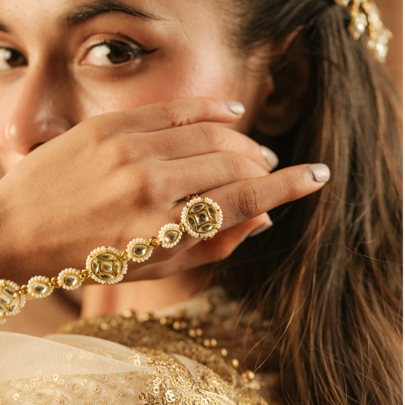 White Colour Gold Plated Jadau Kundan Hathphool