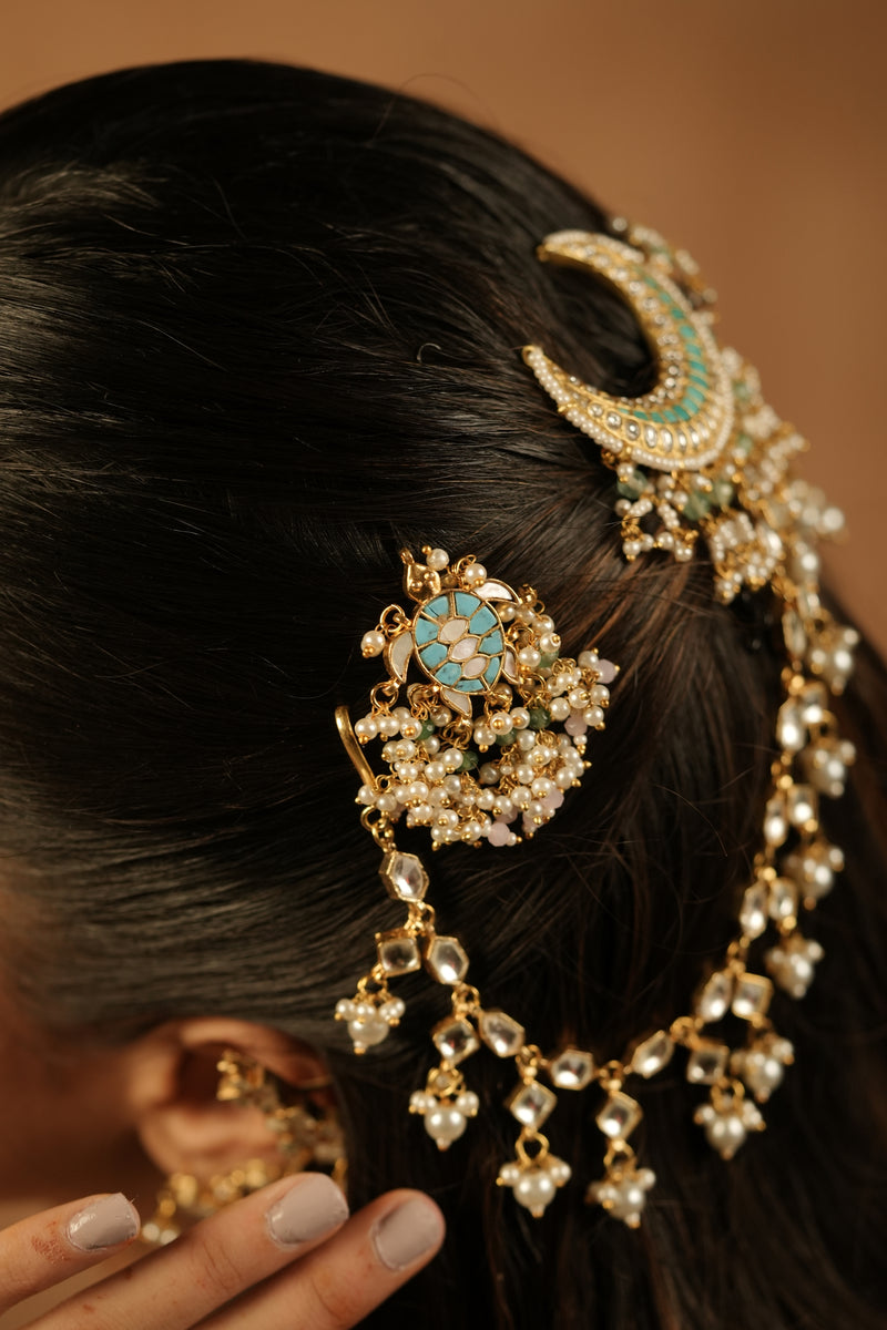MDBR1244 - Firoza and White Colour Gold Plated Jadau Kundan Turtle Motif Juda Pin
