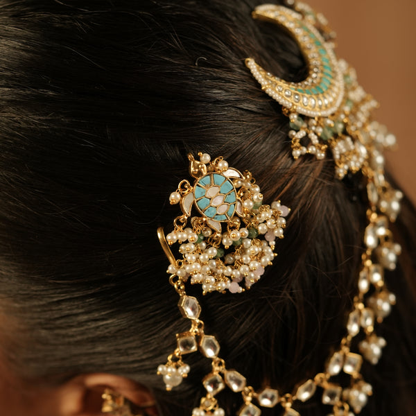 MDBR1244 - Firoza and White Colour Gold Plated Jadau Kundan Turtle Motif Juda Pin