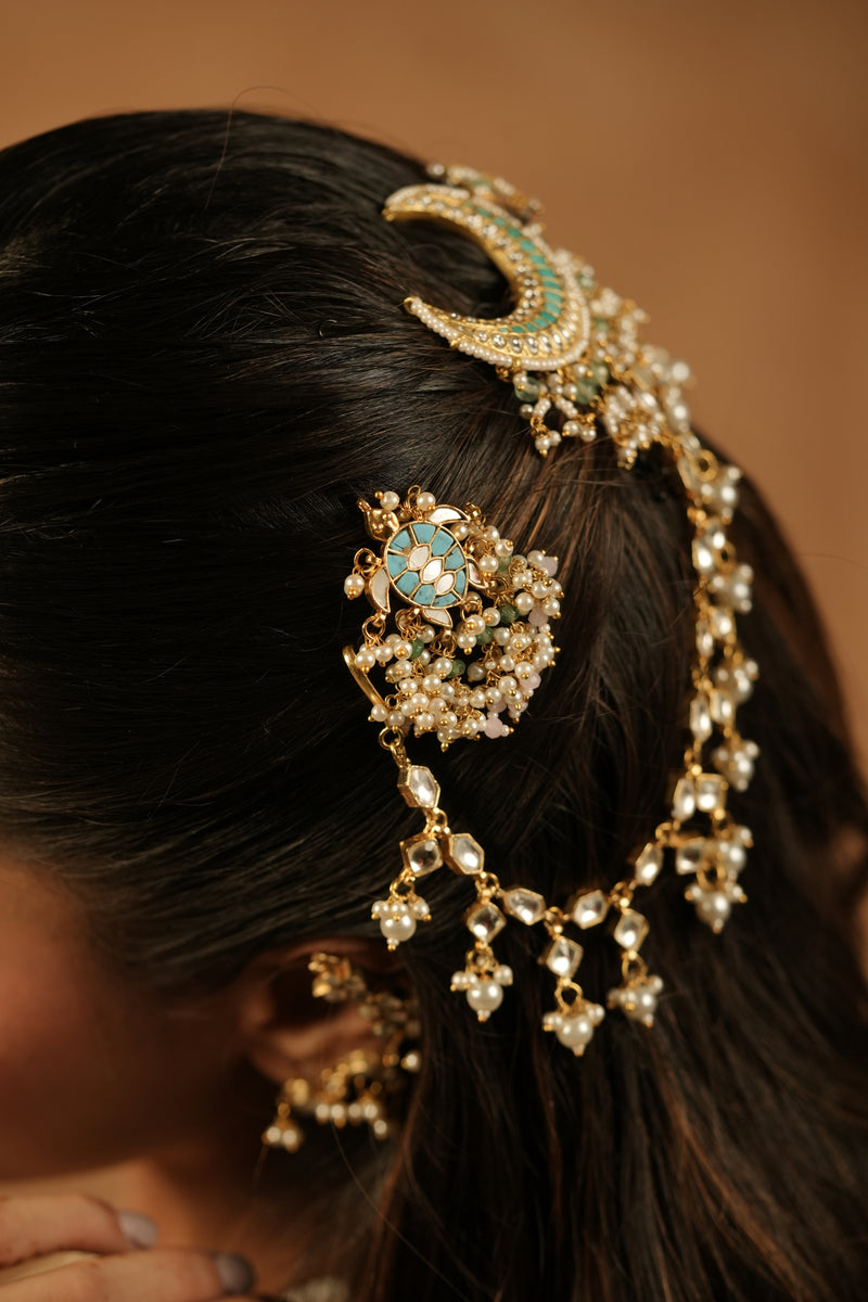 MDBR1244 - Firoza and White Colour Gold Plated Jadau Kundan Turtle Motif Juda Pin