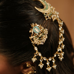 MDBR1244 - Firoza and White Colour Gold Plated Jadau Kundan Turtle Motif Juda Pin