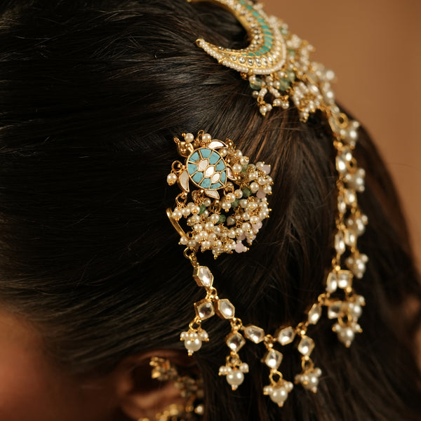 MDBR1244 - Firoza and White Colour Gold Plated Jadau Kundan Turtle Motif Juda Pin