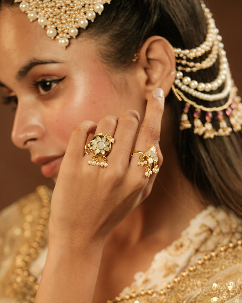 MDR1246 - White Gold Plated Jadau Kundan Mother of  Pearl Ring