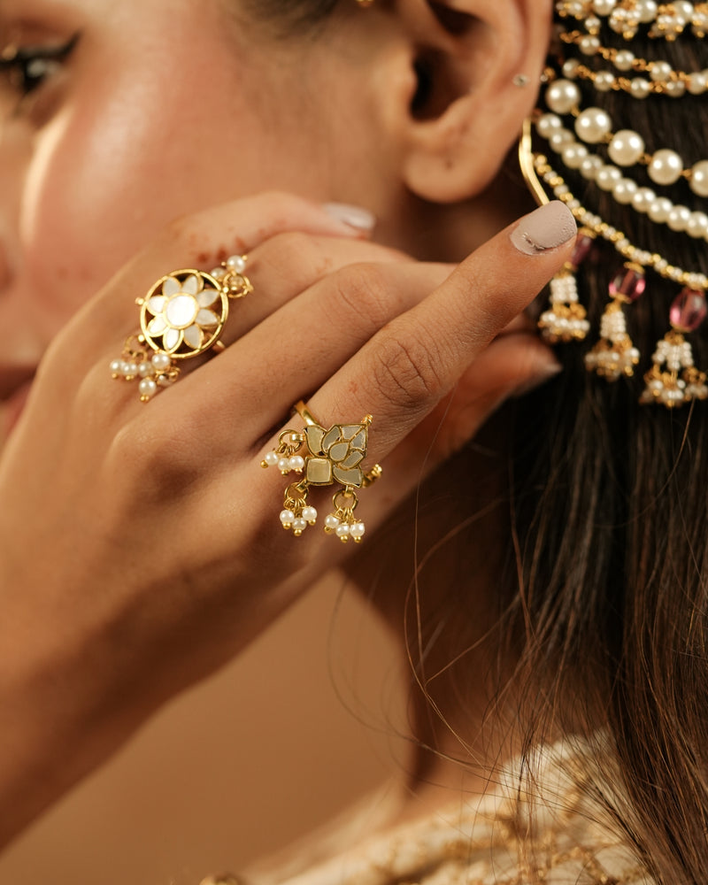 MDR1247 - White Gold Plated Jadau Kundan Mother of  Pearl Ring