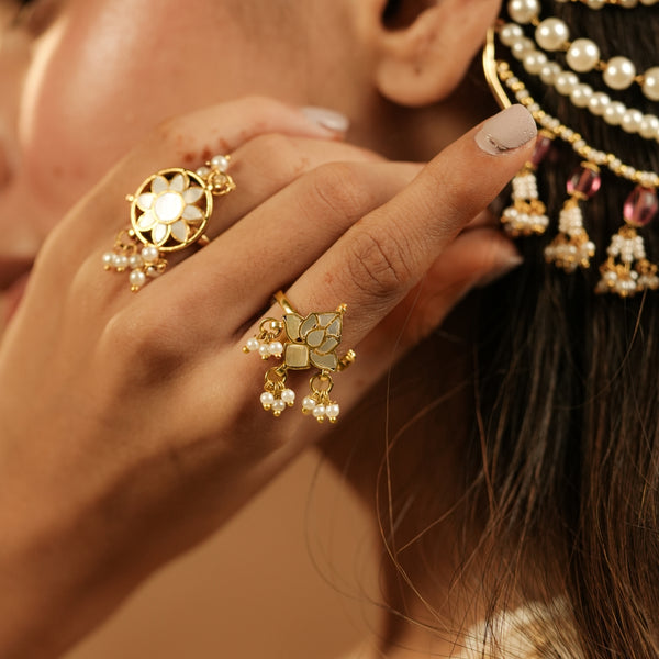MDR1247 - White Gold Plated Jadau Kundan Mother of  Pearl Ring