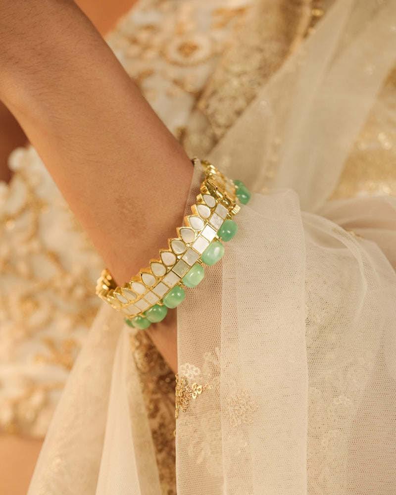 White and Mint Green Colour Gold Plated Mother of Pearl Bangle