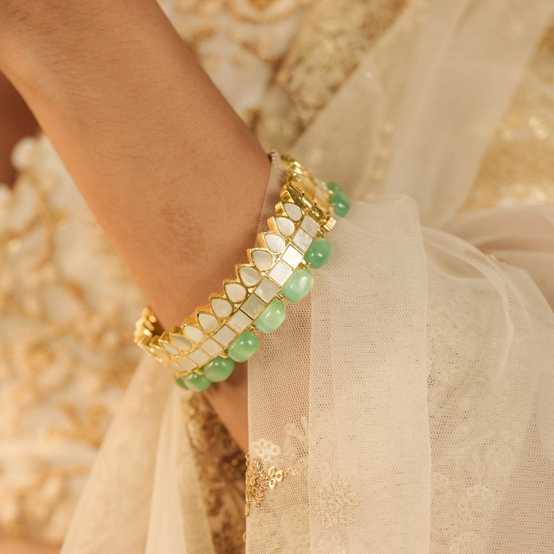 White and Mint Green Colour Gold Plated Mother of Pearl Bangle