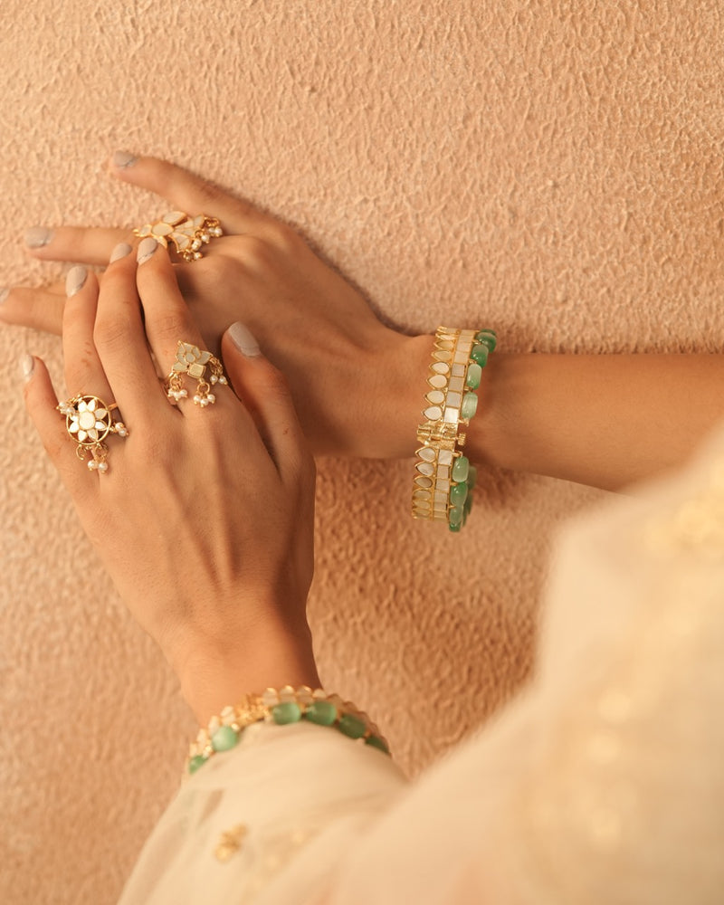 White and Mint Green Colour Gold Plated Mother of Pearl Bangle