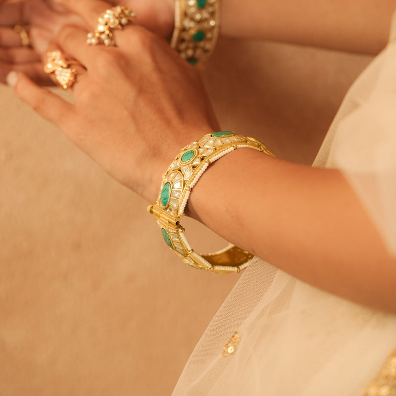 Turquoise ans White Colour Gold Plated Jadau Kundan Thappa Bangle